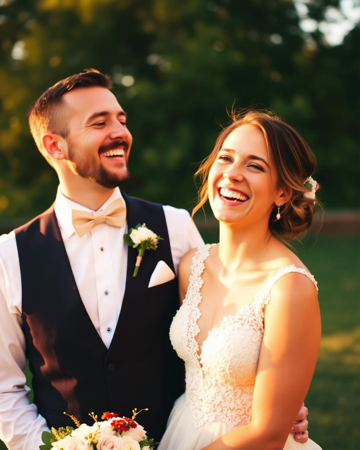 Newlyweds laughing together in golden hour light