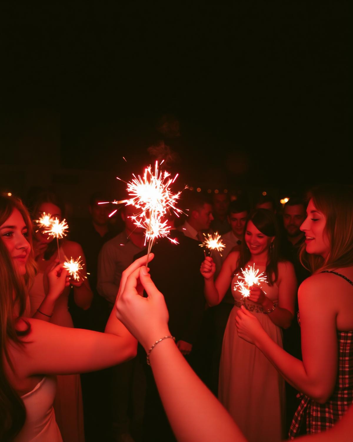Guests holding sparklers on an evening dance floor