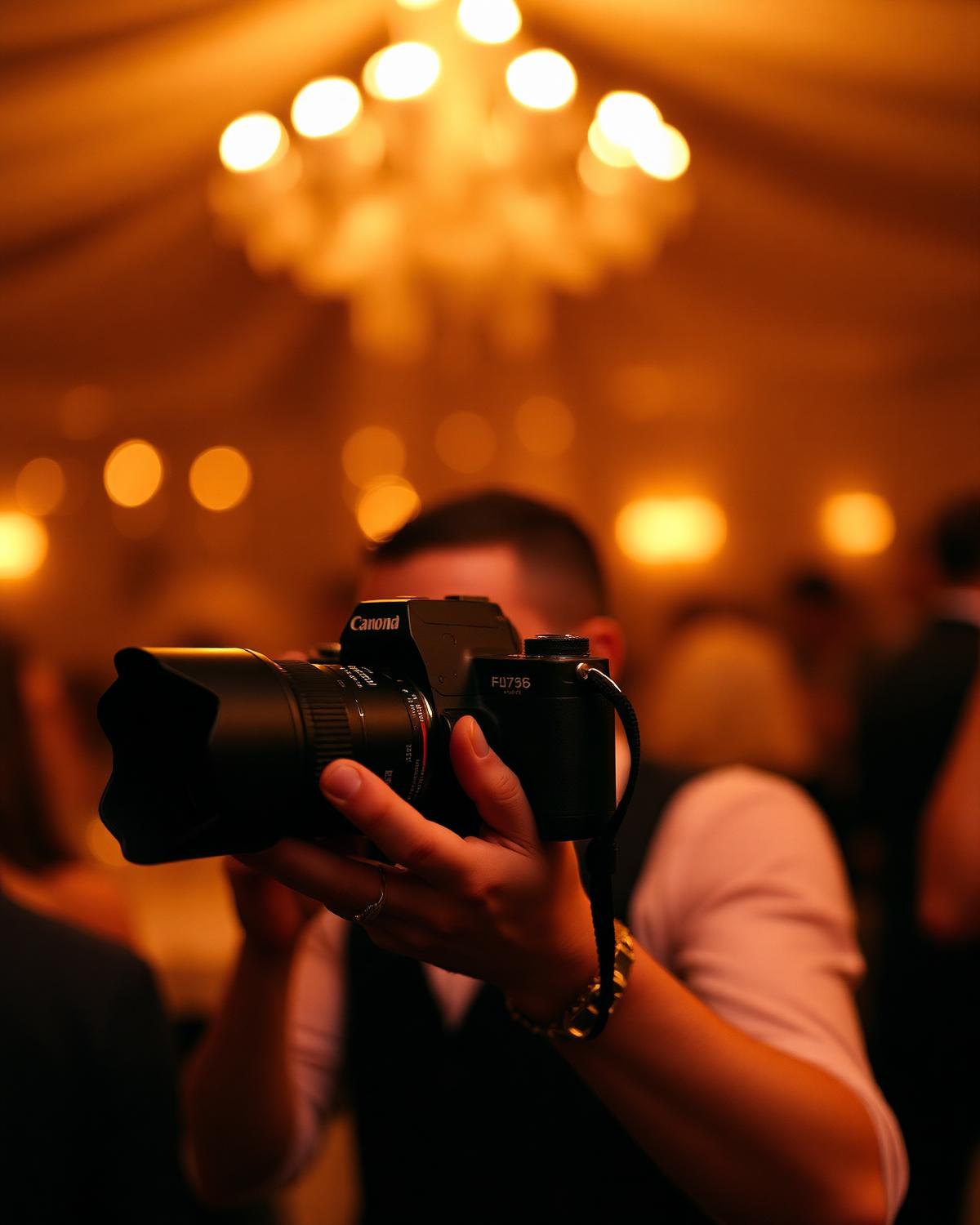 Event photographer shooting during a warmly lit reception